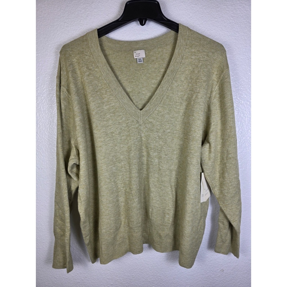 A New Day Womens V-Neck Pullover Sweater Light Green XXL